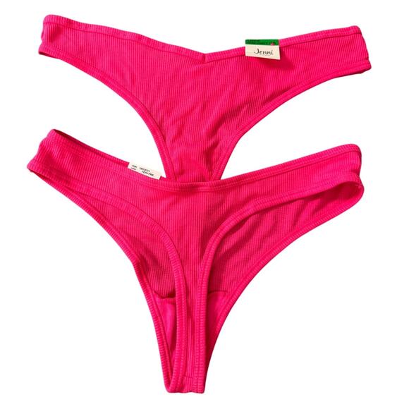 NEW (2) JENNI Intimates Fiery Pink Ribbed Thong Panty Size L - Picture 1 of 2